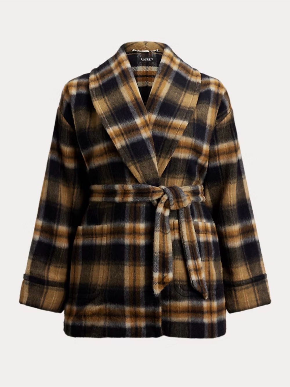 Lauren Ralph Lauren Plaid Wool Blend Shawl Collar Wrap Coat Size XL